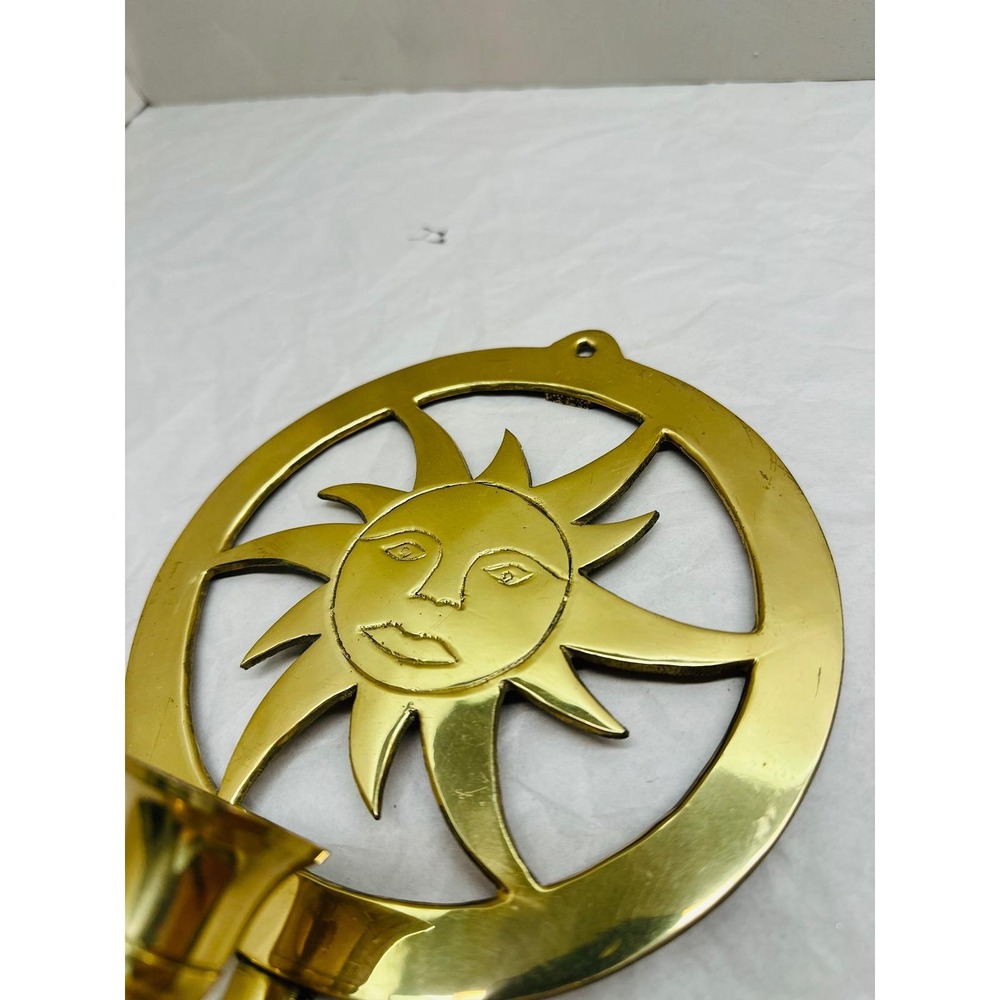 Vintage Brass Sun Face Wall Sconce Candle Holder Celestial Boho Decor Gold Tone - Picture 2 of 7